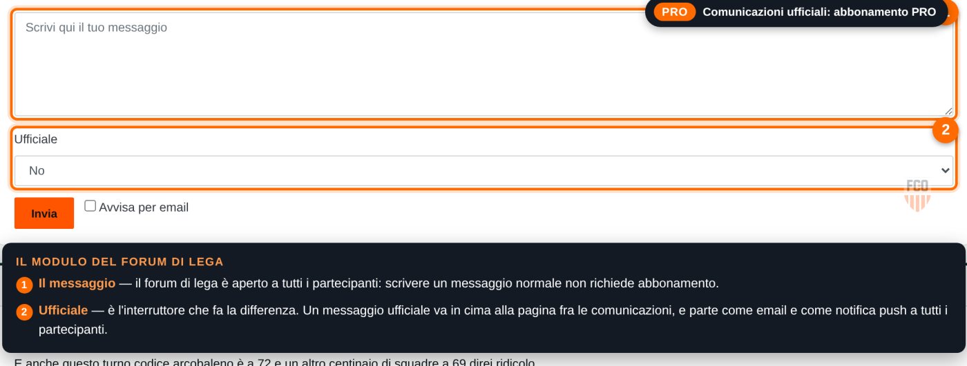 Modulo del forum di lega con il campo Ufficiale che mette il messaggio in evidenza